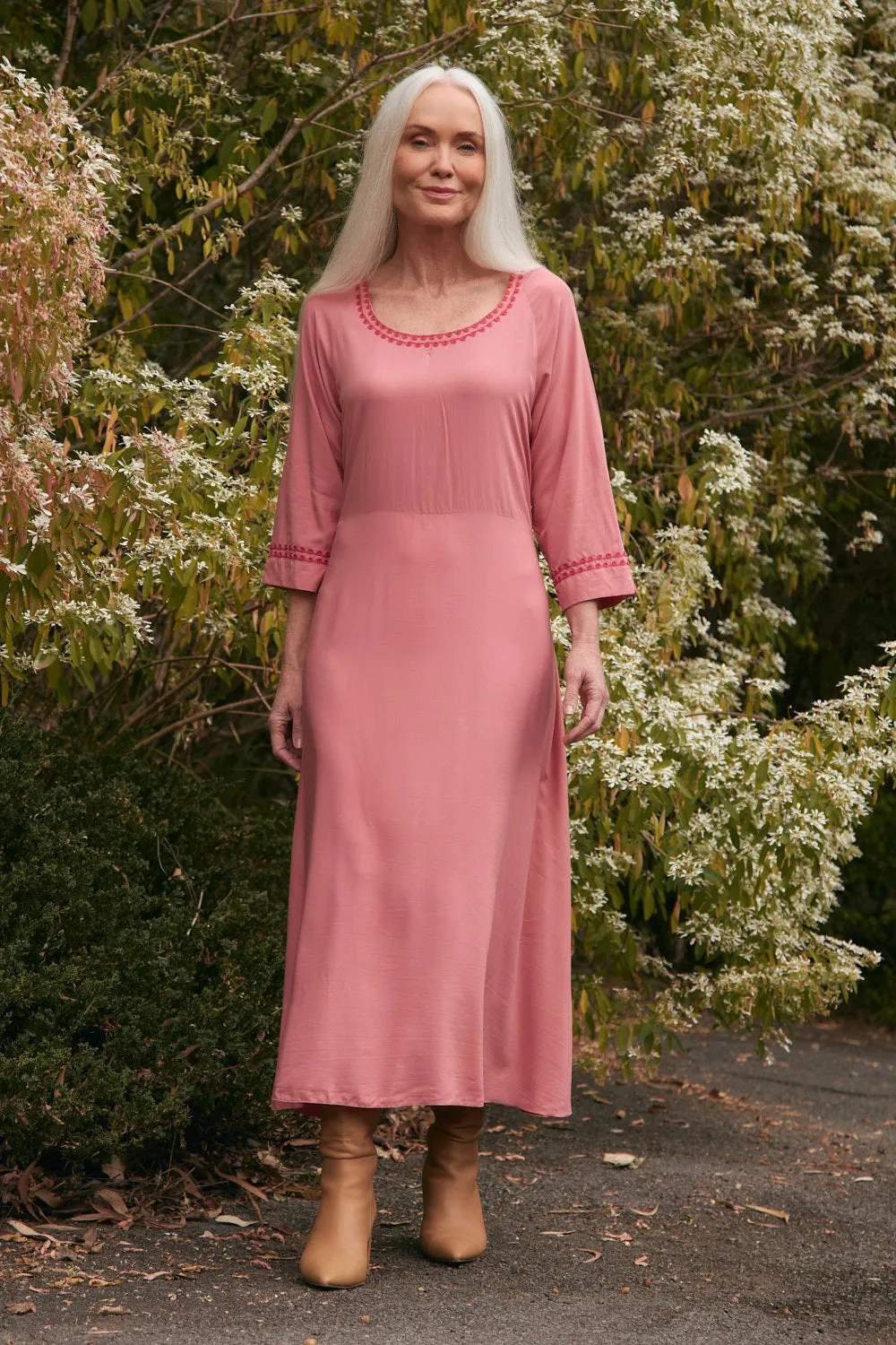 Felisha Embroidered Bias Cut Dress in Earth Compact Fit Airy Comfort