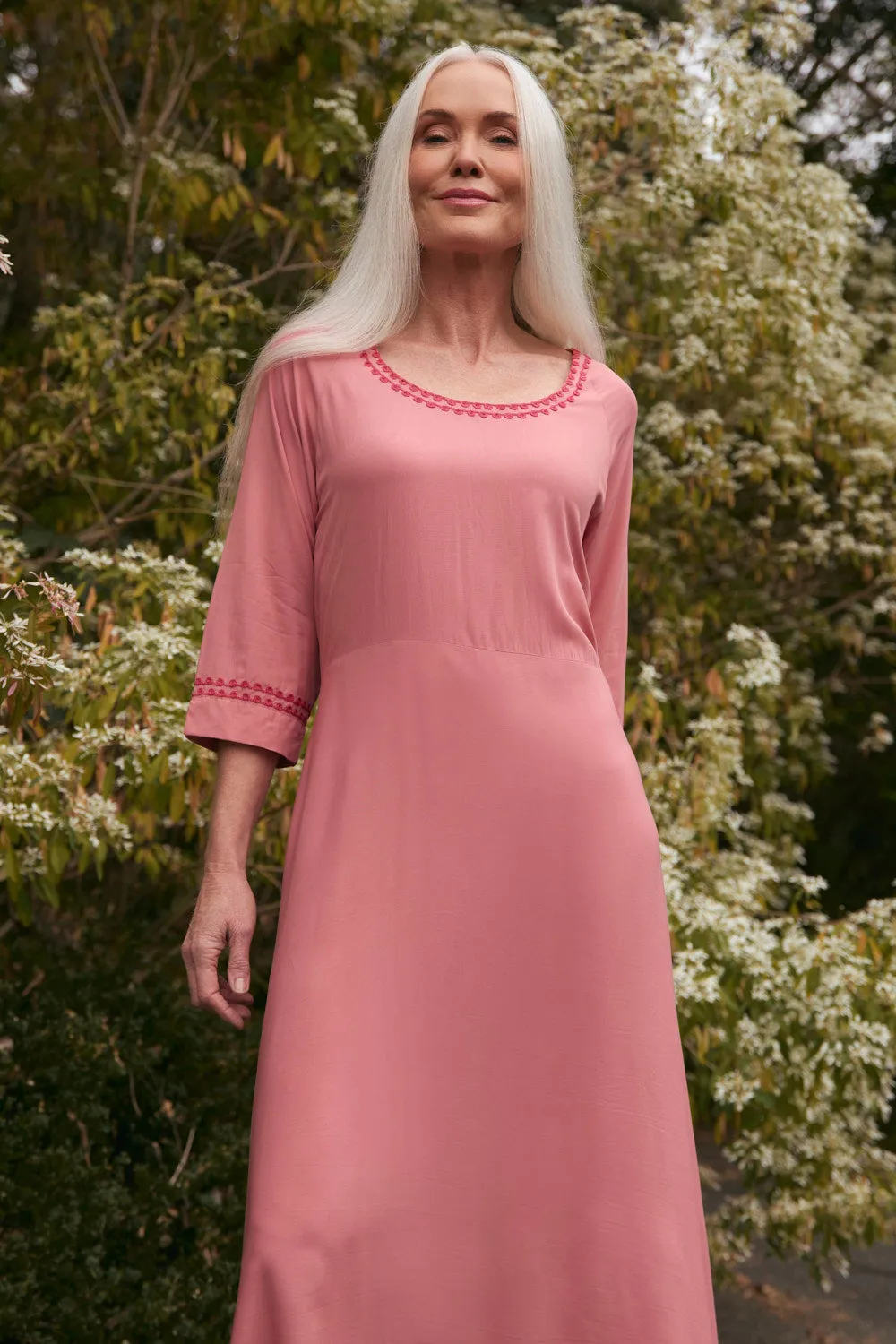 Felisha Embroidered Bias Cut Dress in Earth Sleek Feel