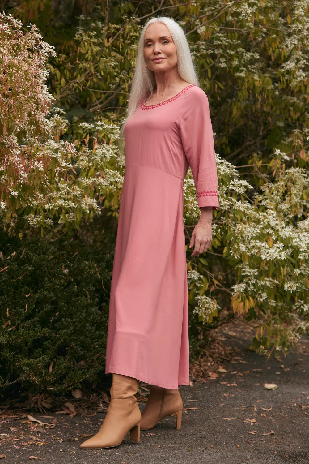 Floral Comfort Felisha Embroidered Bias Cut Dress in Earth