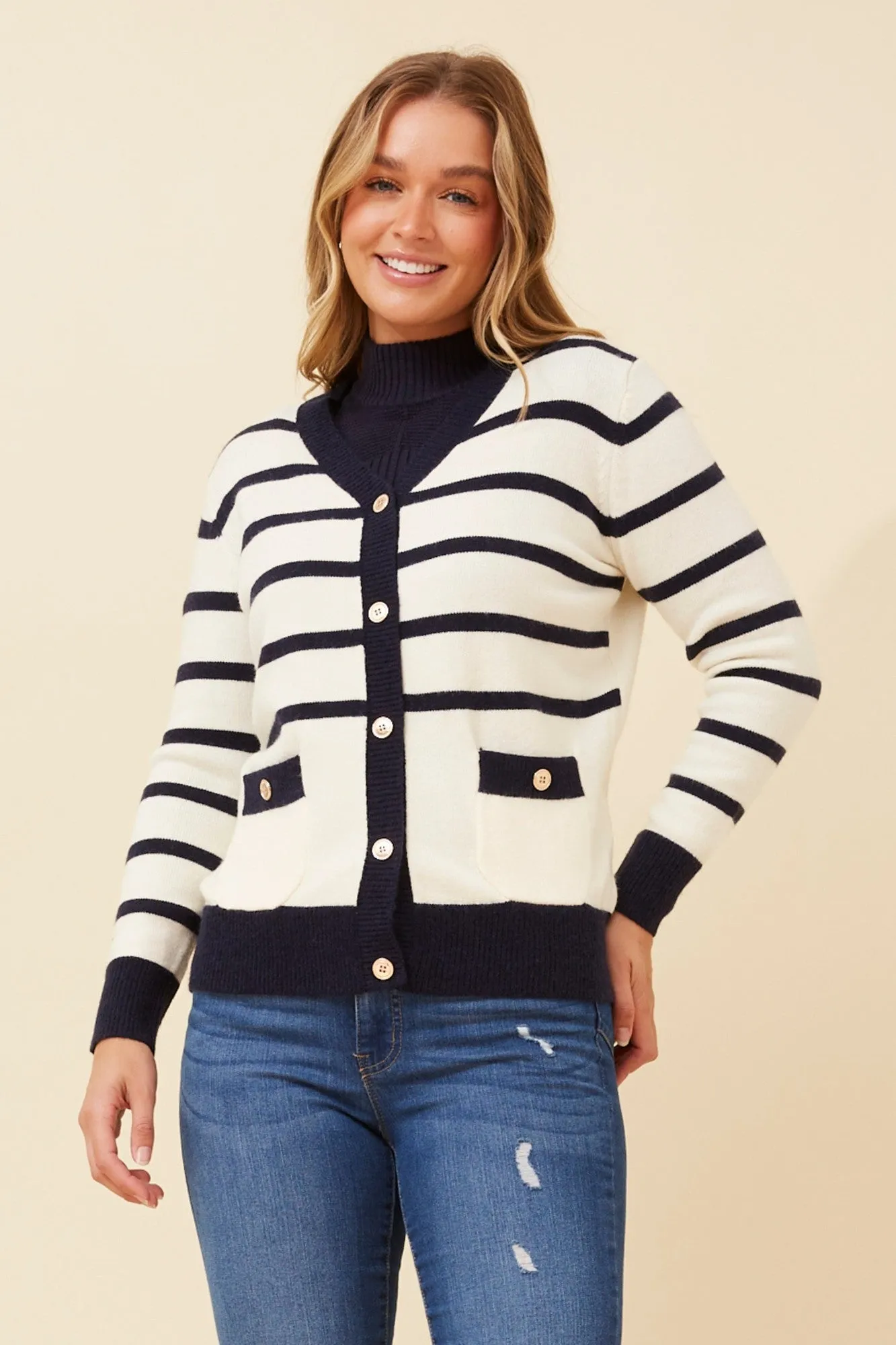 Pocket Details Essential Casual Look TANINA STRIPE KNIT CARDIGAN