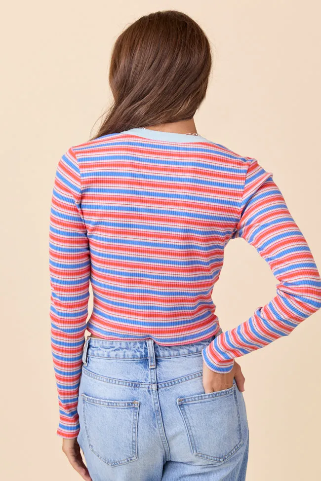 Taryn Red And Blue Striped Crew Neck Top Breathable Lamination