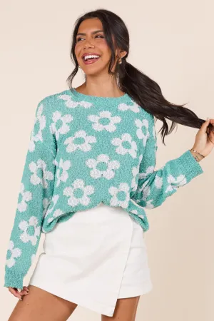 Princess Glow Teagan Long Sleeve Blue Floral Print Sweater