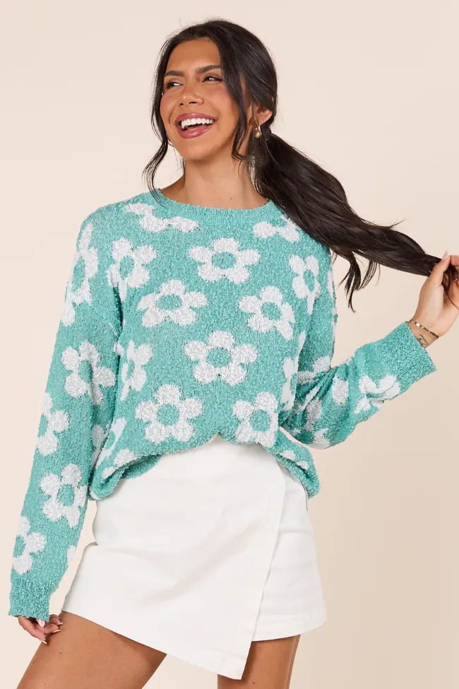 Princess Glow Teagan Long Sleeve Blue Floral Print Sweater