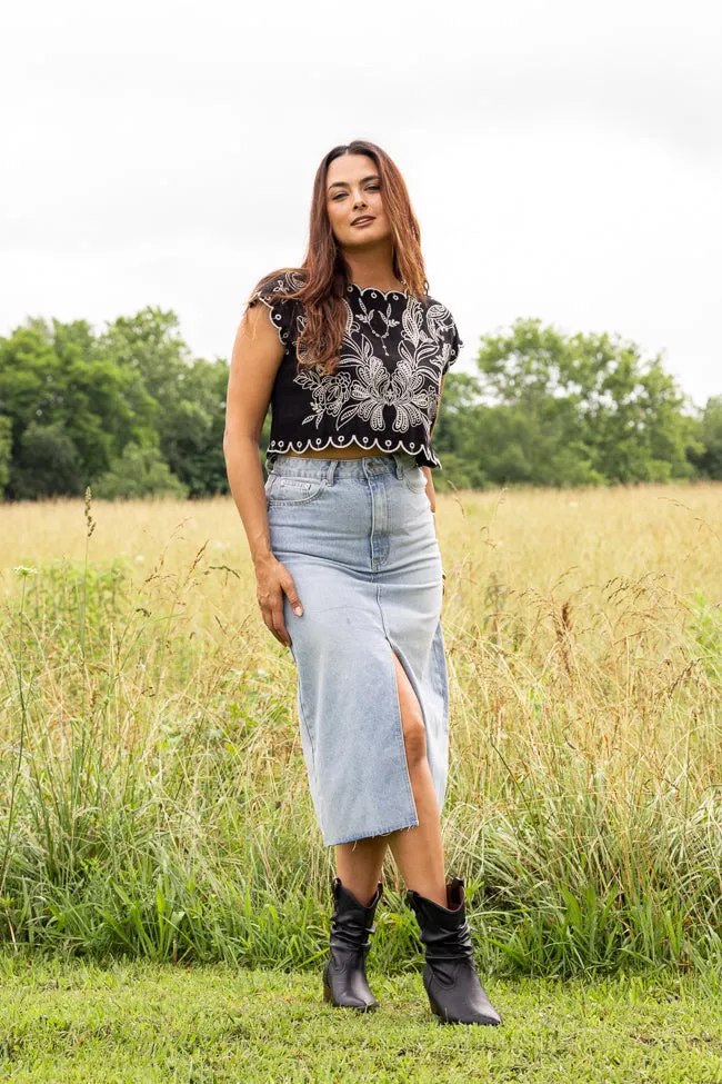 Winter Apparel Thick Glow Amaya Cap Sleeve Black Embroidered Woven Top