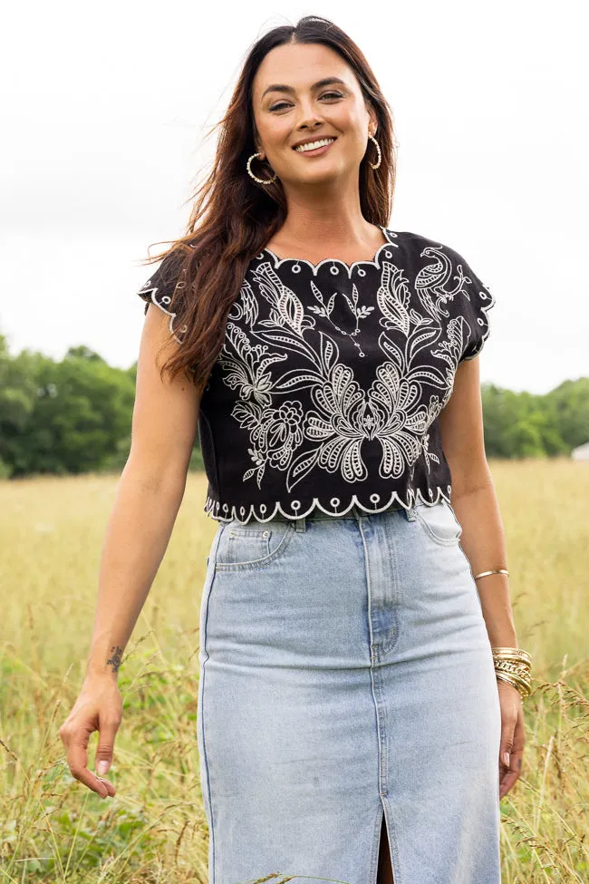 Amaya Cap Sleeve Black Embroidered Woven Top Joyful Mood