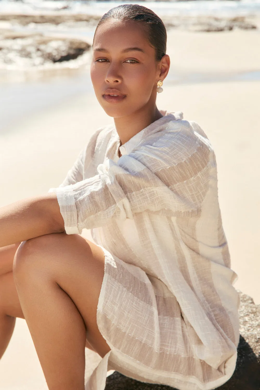 Subtle-Print City Essential Tess Tunic Dress in Natural Stripe