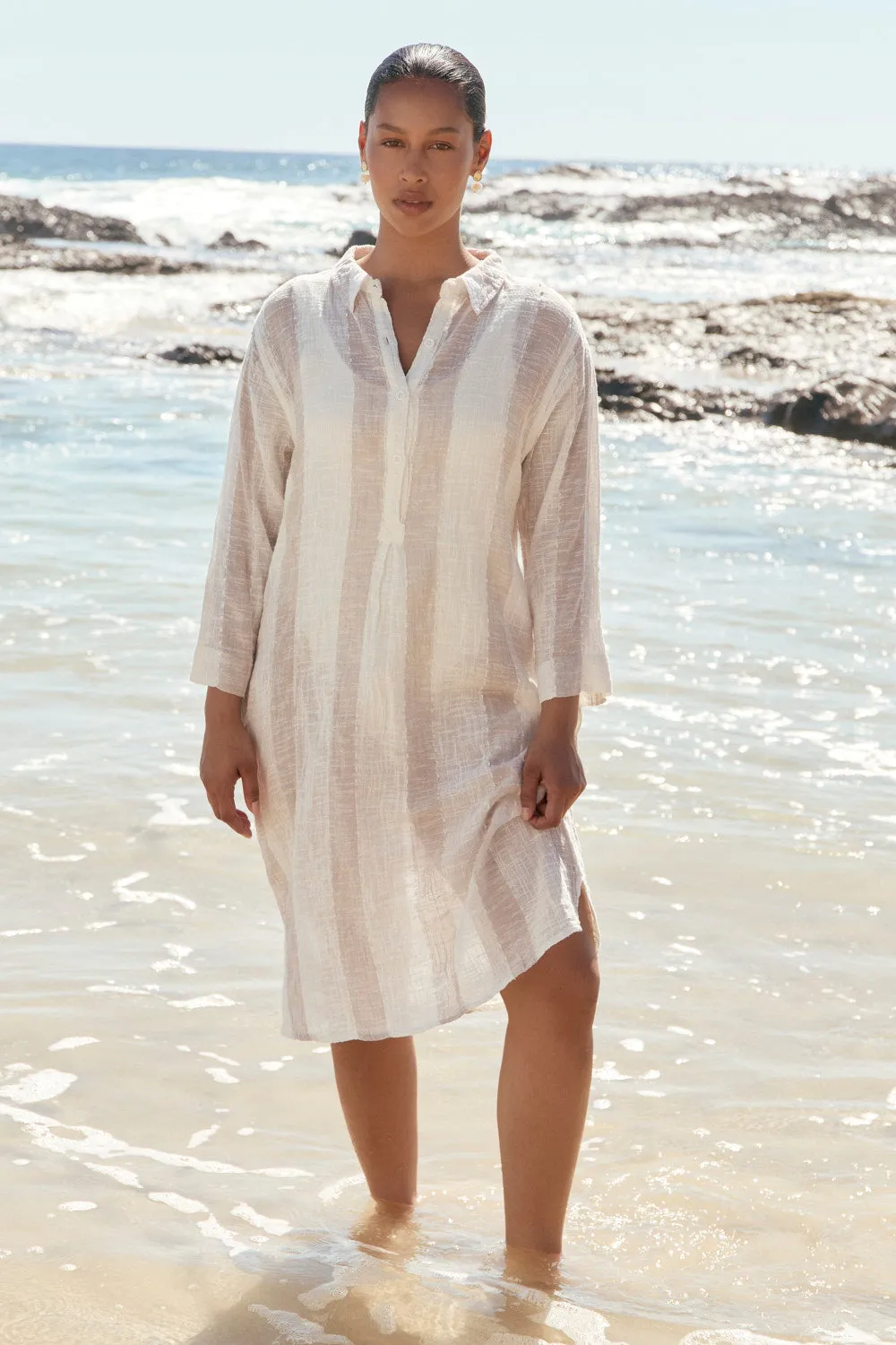 Warm Pink Pure Color Tess Tunic Dress in Natural Stripe