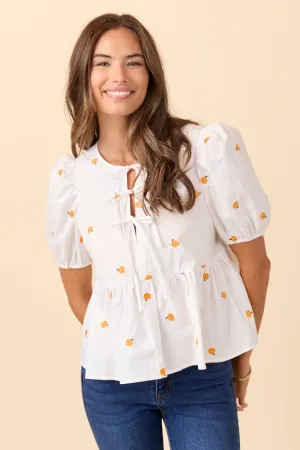 Adjustable Fastenings Sustainable Wear Angela Short Sleeve White Embroidered Pumpkin Peplum Top SALE