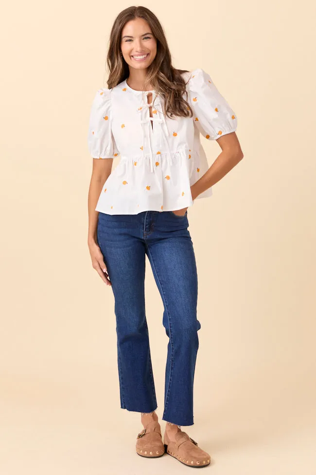 Angela Short Sleeve White Embroidered Pumpkin Peplum Top SALE DoubleLayered Structure