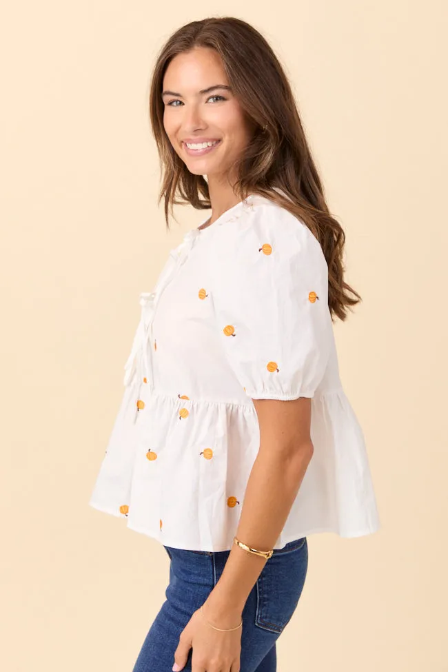 Angela Short Sleeve White Embroidered Pumpkin Peplum Top SALE Cozy Wrap Global Edge