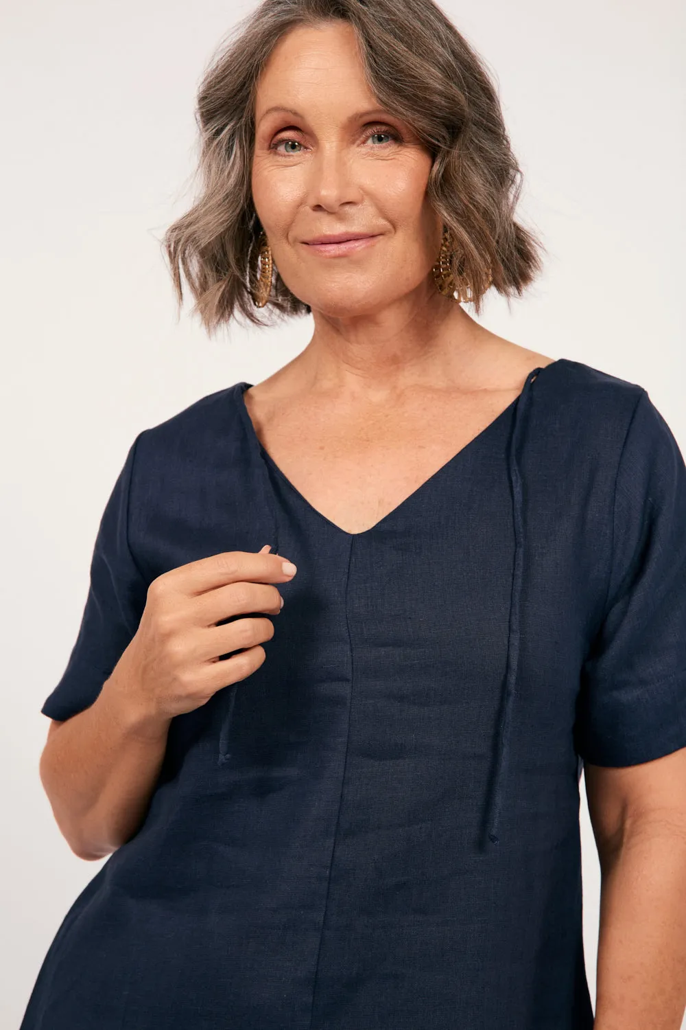 Formal Wear Tailored Waistband Tilly Linen 2-Way Tunic Dress in Navy