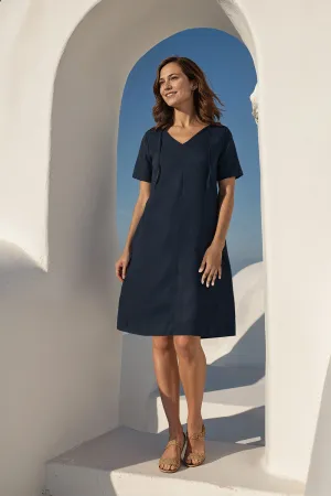 Quilted-Lining Drawstring-Waist Tilly Linen 2-Way Tunic Dress in Navy