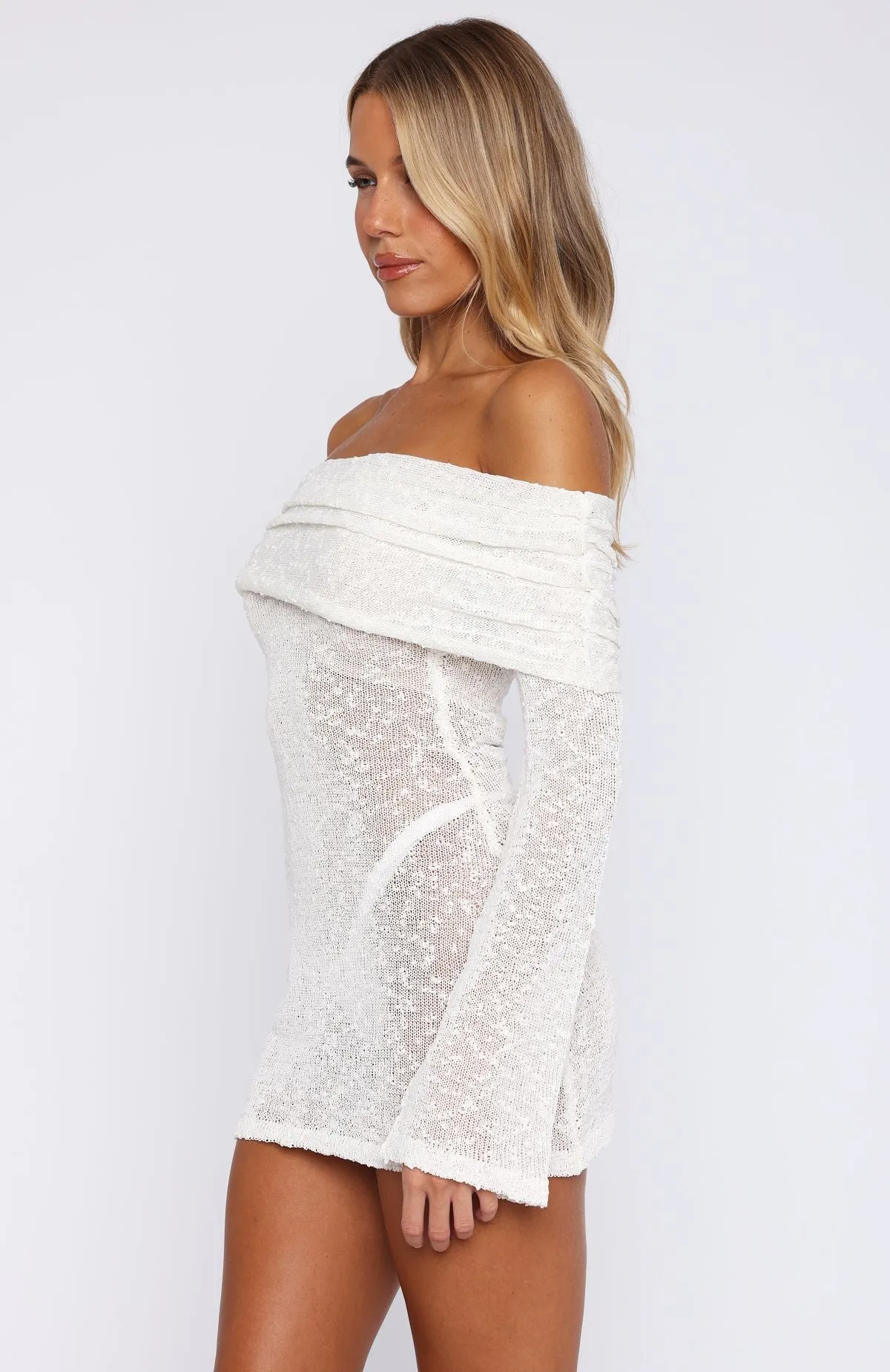 Can't Leave Me Long Sleeve Boucle Mini Dress White Korean Mood Comfy Fit