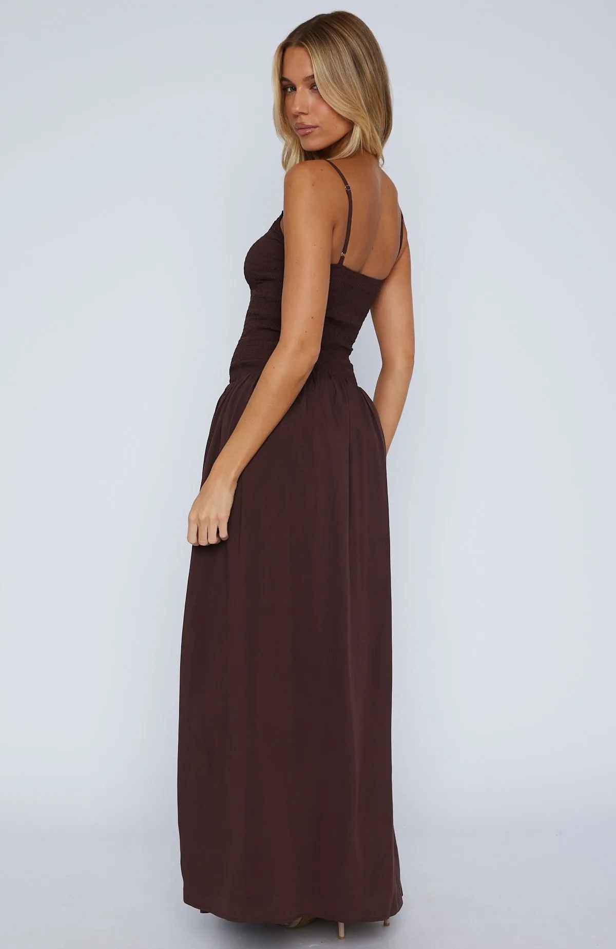 Too Many Questions Maxi Dress Chocolate Embroidered-Detail