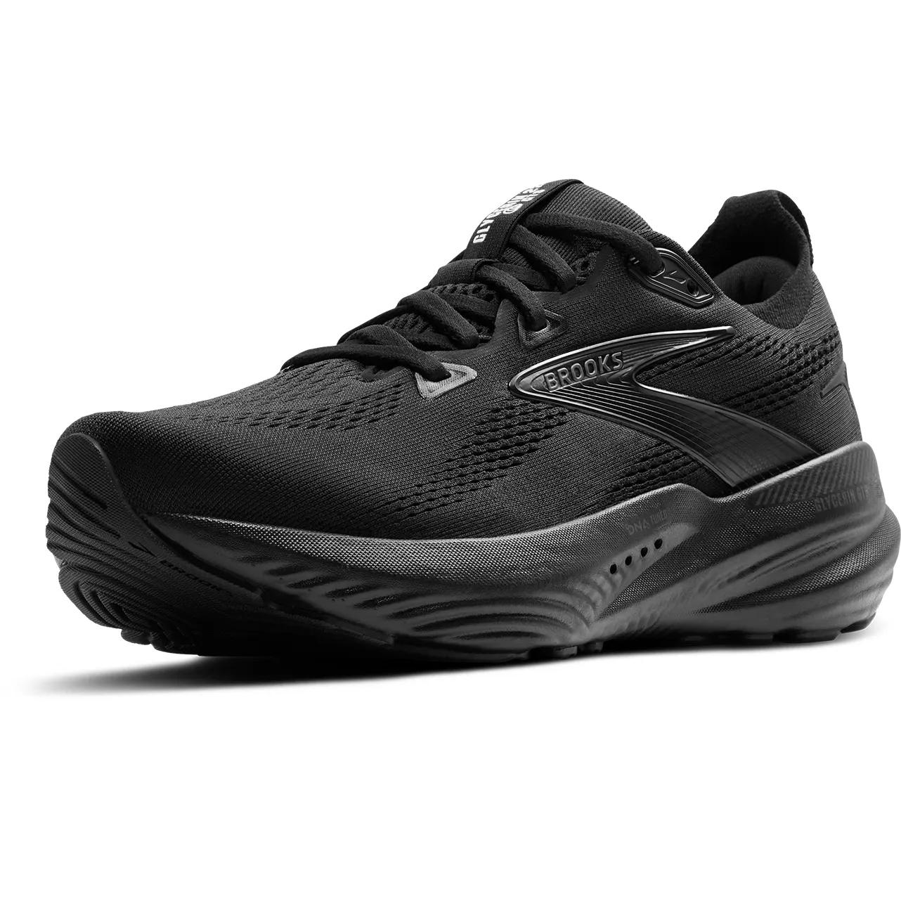 Brooks Mens Trainer Glycerin GTS 22 Black/Black/Ebony Breathable Perforated Tongue Tensile Weave Upper