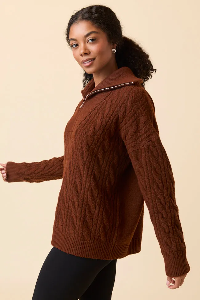Peace Flow Lightweight Feel Chismer Brown Cable Knit Zip Up Sweater