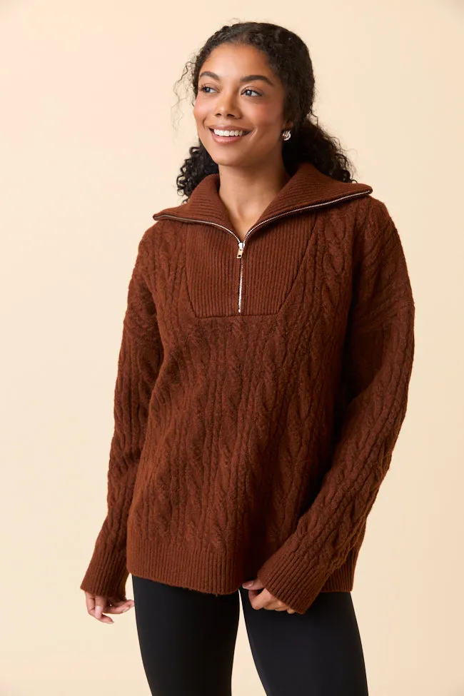Polish Tone DoubleStitchReinforcement Chismer Brown Cable Knit Zip Up Sweater
