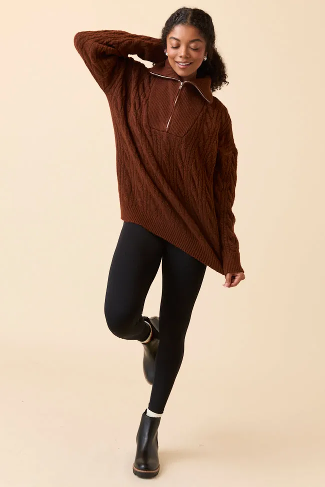 Light Pants Soft Inner Lining Chismer Brown Cable Knit Zip Up Sweater