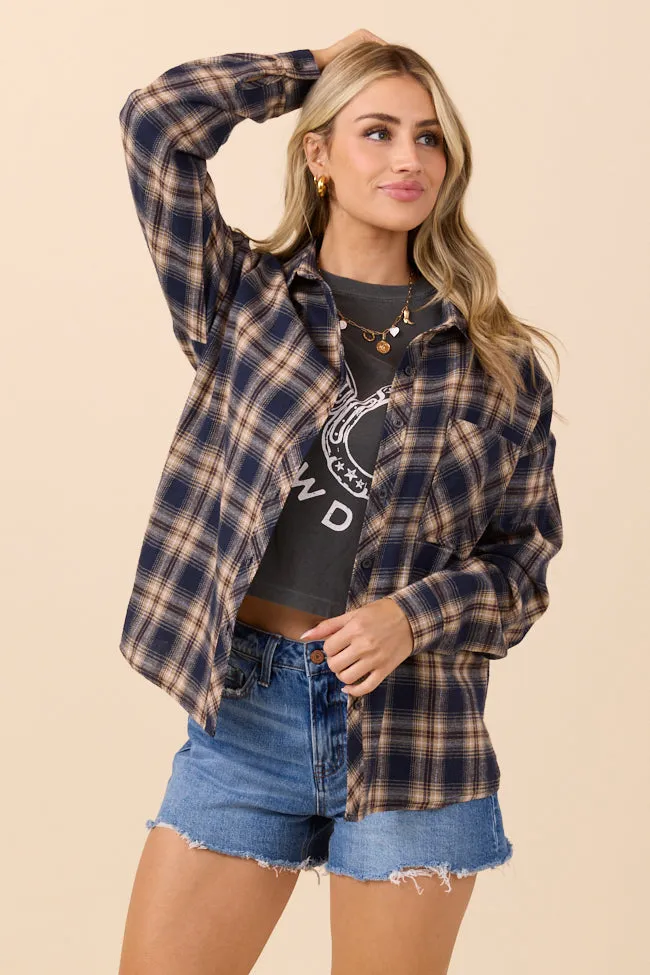 Rory Navy and Cream Plaid Flannel Button Down Top SALE Layered Hem Details