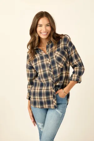 Rory Navy and Cream Plaid Flannel Button Down Top SALE Cold Weather Wear Fashion Layers