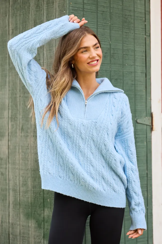 Vented Panels Stylish Blouse Chismer Light Blue Cable Knit Zip Up Sweater