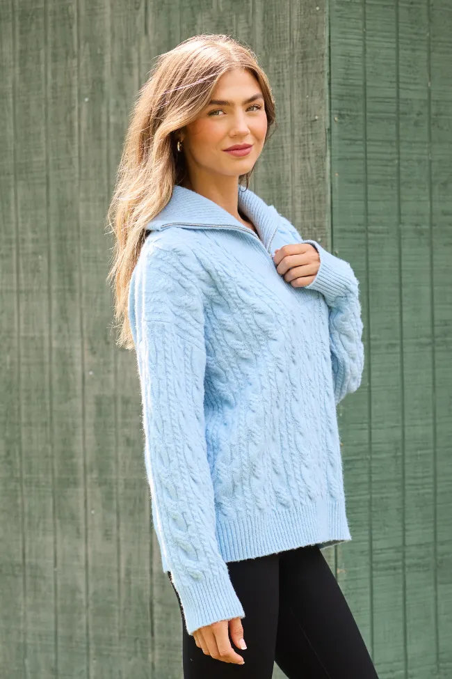 Chismer Light Blue Cable Knit Zip Up Sweater Forest Air