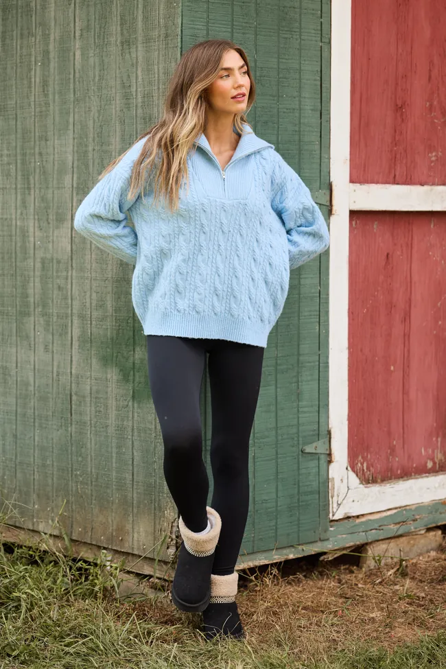 RecycledBlend Chismer Light Blue Cable Knit Zip Up Sweater
