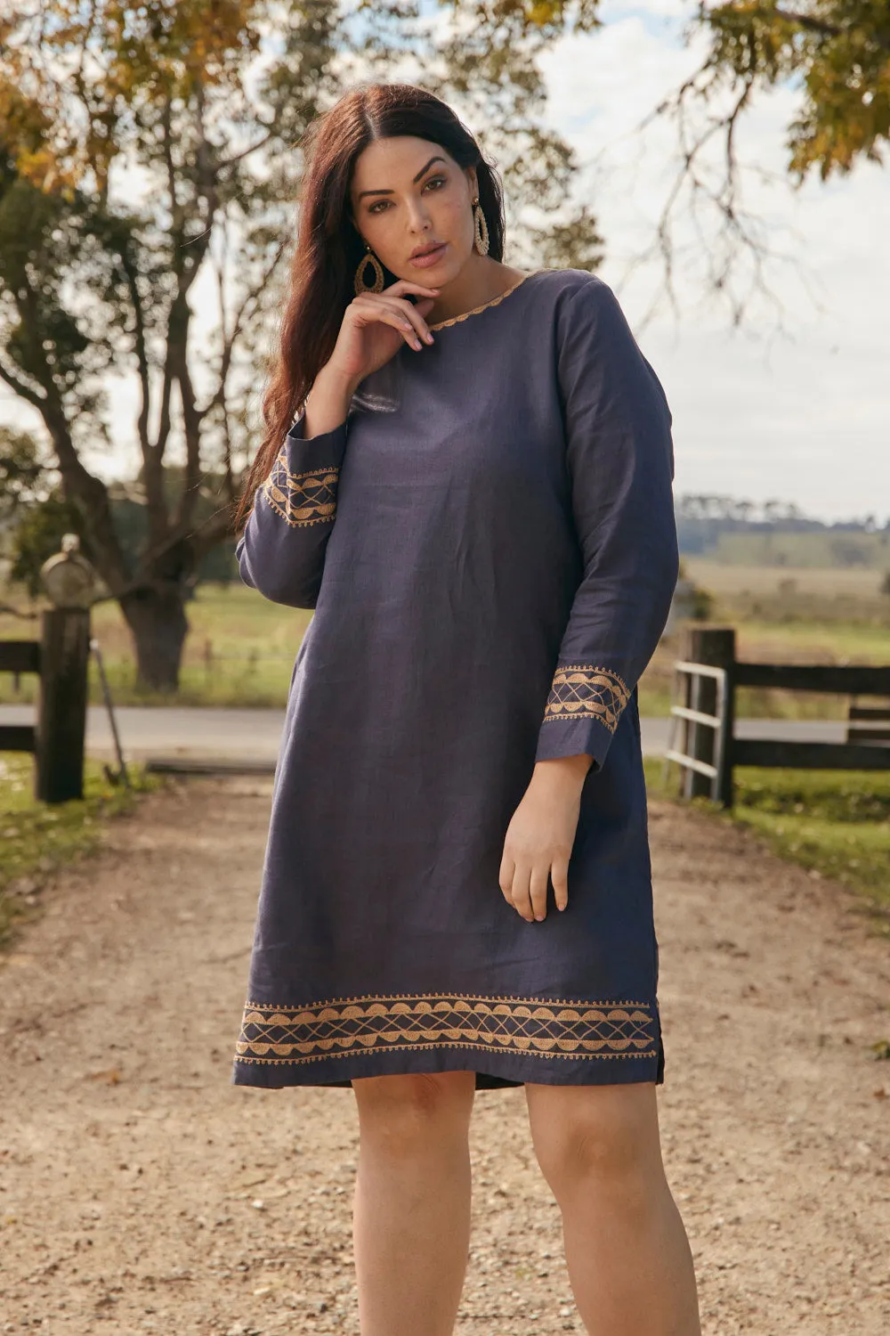 Boatneck Linen Shift Dress in Slate Casual and Smart Signature-Style