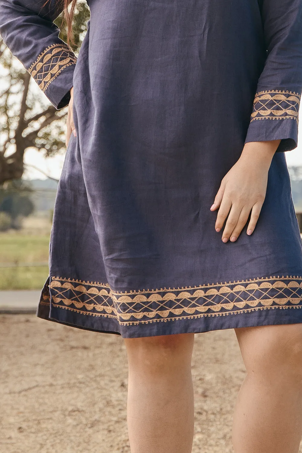 Flattering Layers Boatneck Linen Shift Dress in Slate