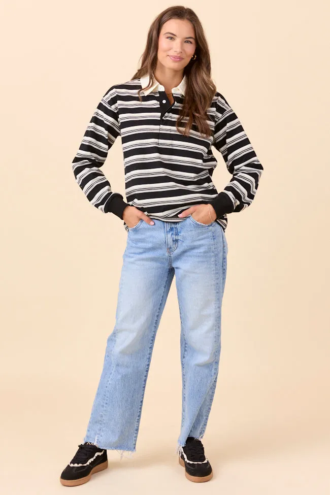 Sandra Black Striped Collared Pullover AntiPilling Finish Tale Core