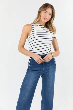 WrinkleResistant Fabric Comfort Fit Twilight Tides Ivory and Navy Stripe Twisted Off The Shoulder Knit Top SALE