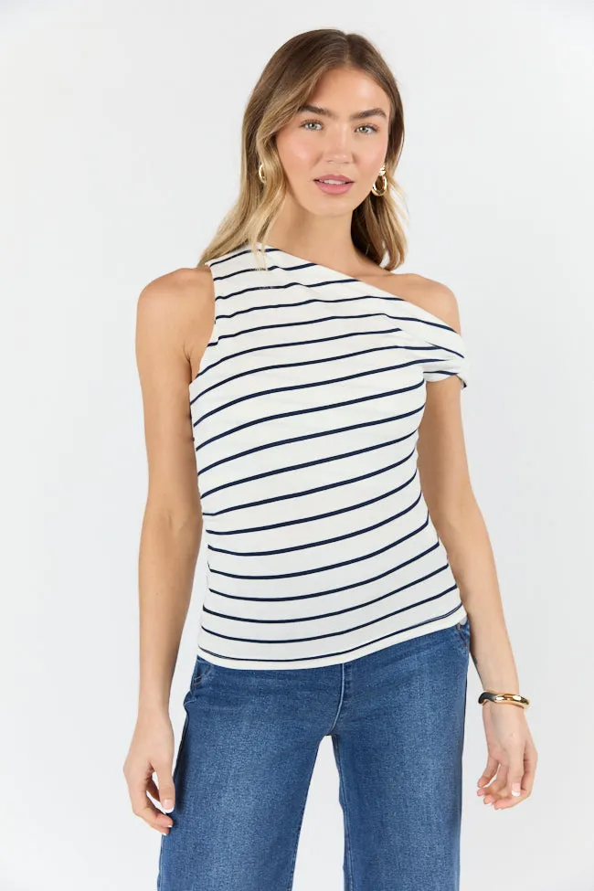 Twilight Tides Ivory and Navy Stripe Twisted Off The Shoulder Knit Top SALE Collapsible Hood