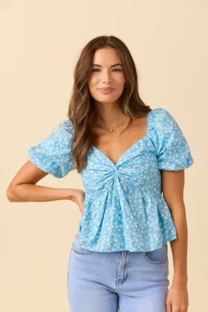 Colorfast Technology athletic shoes Twist On Things Blue Floral Twist Bust Woven Blouse