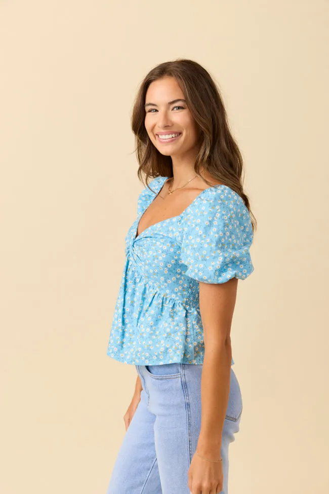 Twist On Things Blue Floral Twist Bust Woven Blouse Compact Packable Design