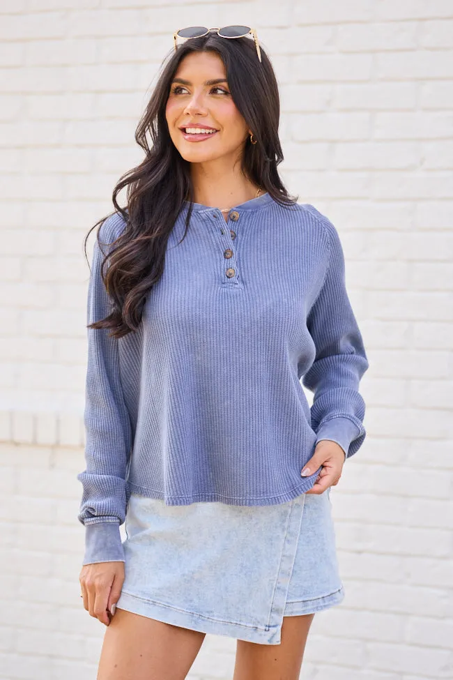 Shape Hug Abbie Long Sleeve Mineral Wash Dusty Navy Thermal Henley Top