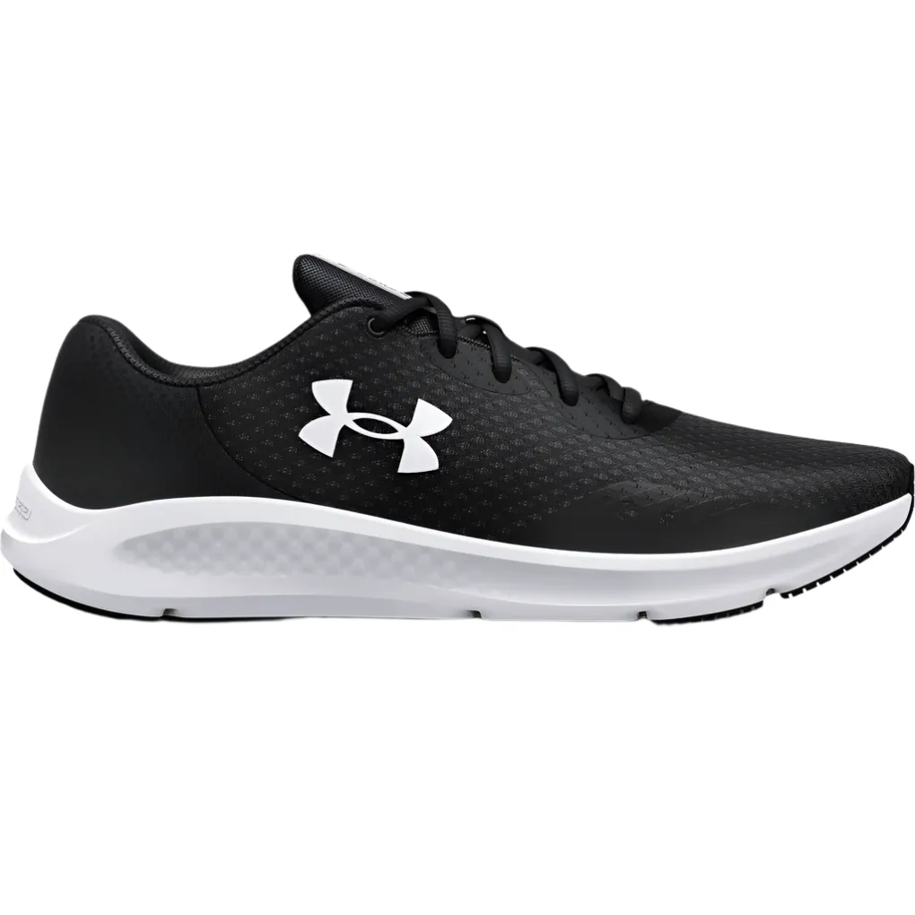 Under Armour Mens Trainer Charged Pursuit 3 Black/White Heel Support System running in a bike lane area shoes