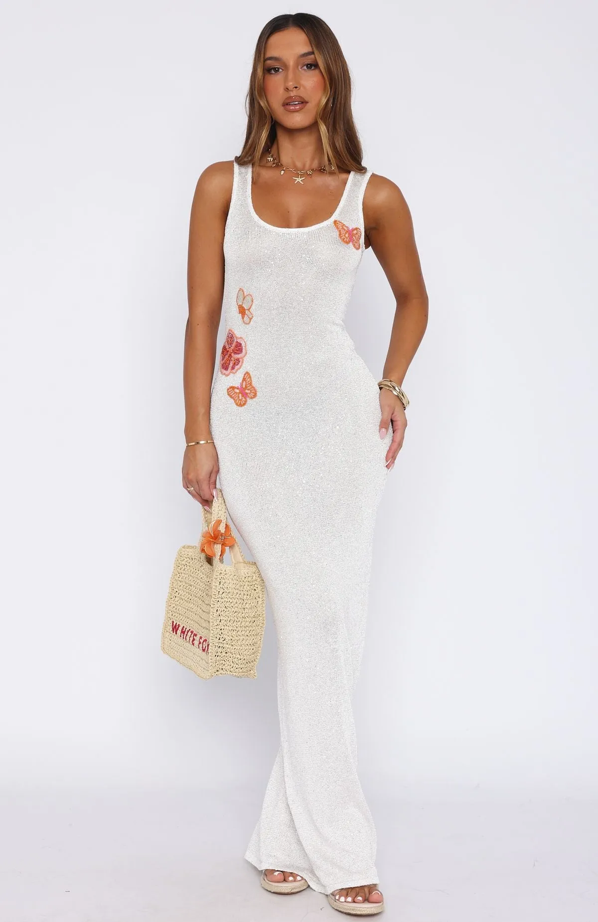 Comfort waistband Butterfly Blossom Sequin Knit Maxi Dress White