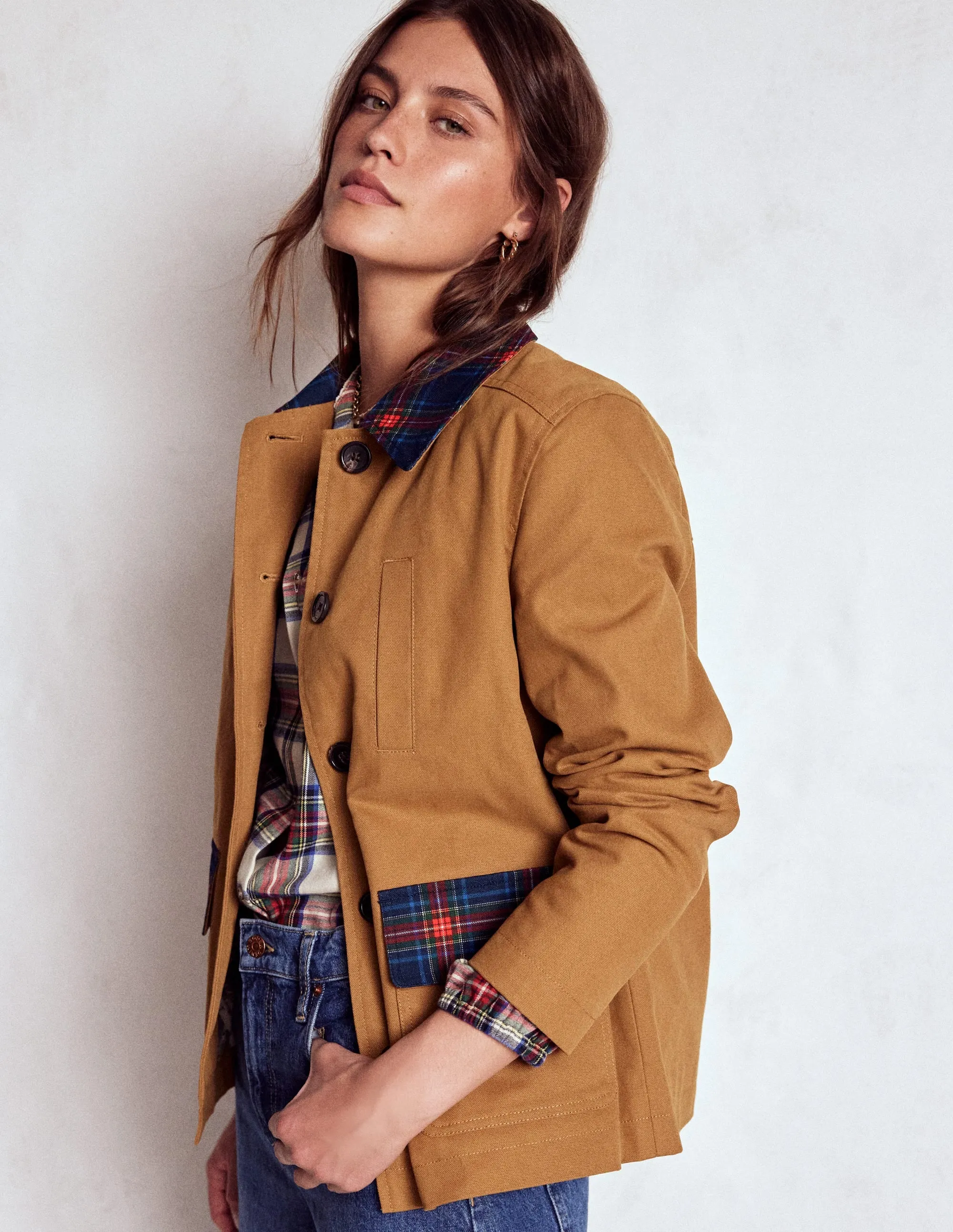 Short Length Hypoallergenic Interior Layer Canvas Barn Jacket-Hazelnut Brown, Check