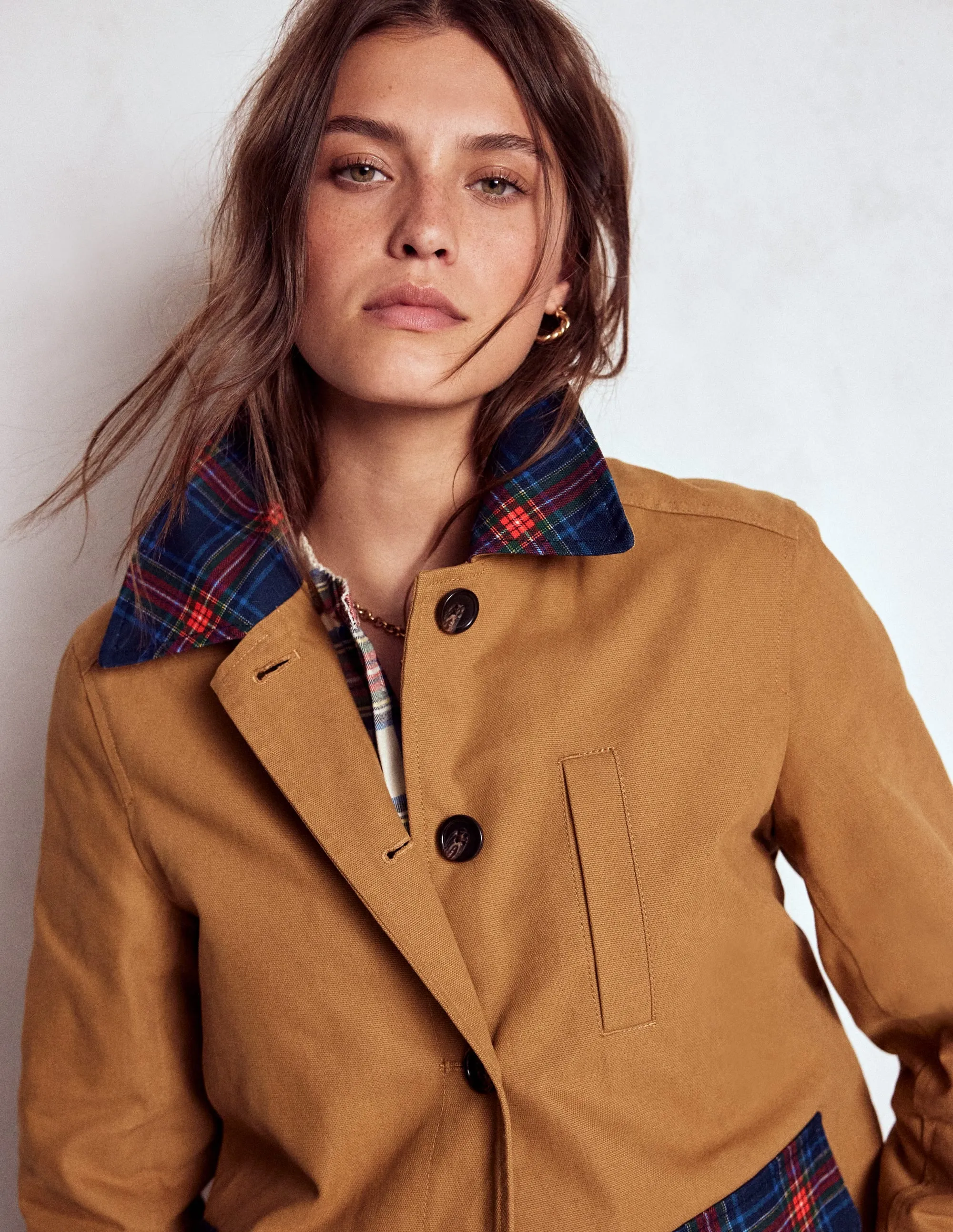 Army Style Canvas Barn Jacket-Hazelnut Brown, Check