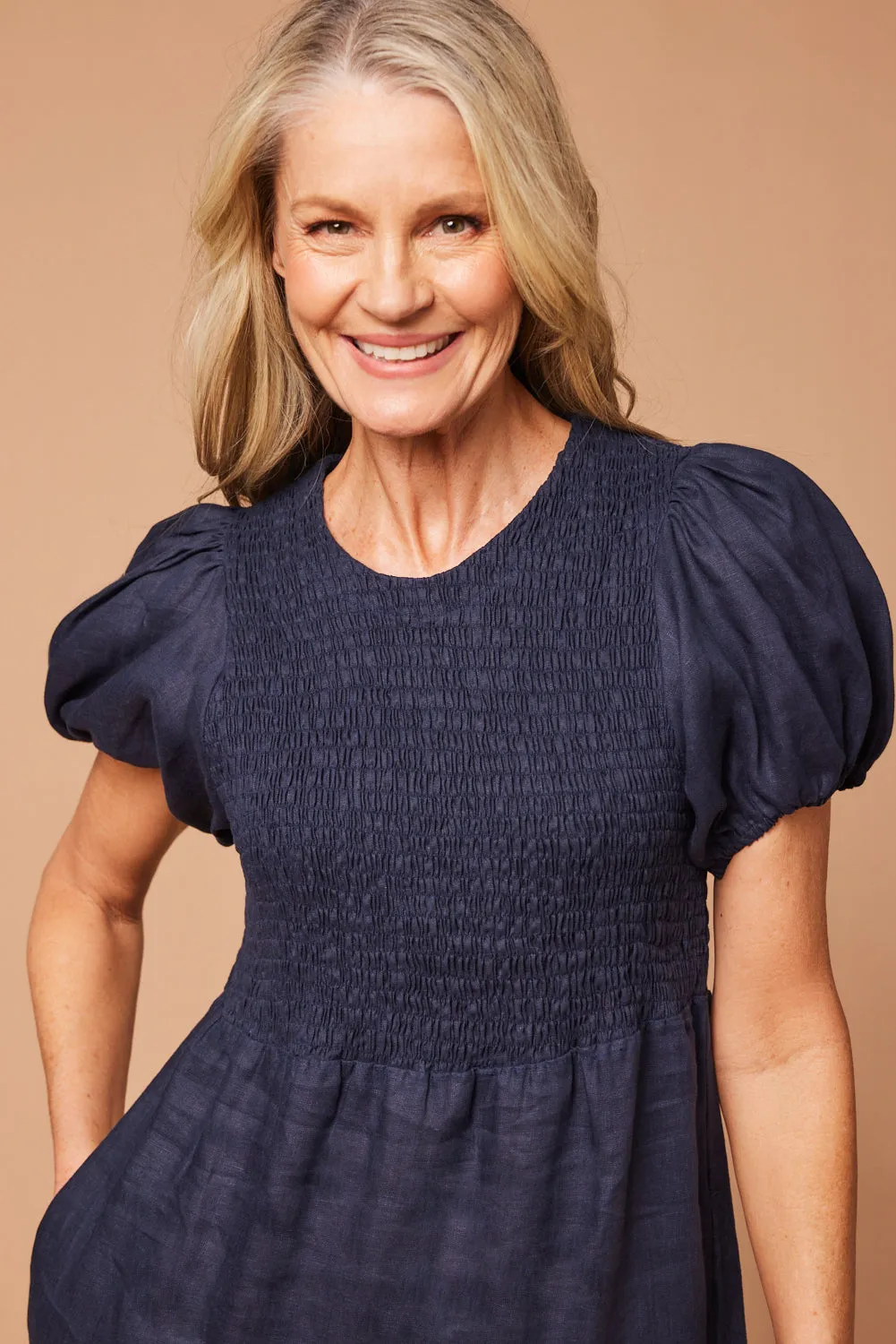 Minden Linen Shirred Short Sleeve Dress in Navy EcoFriendlyDye