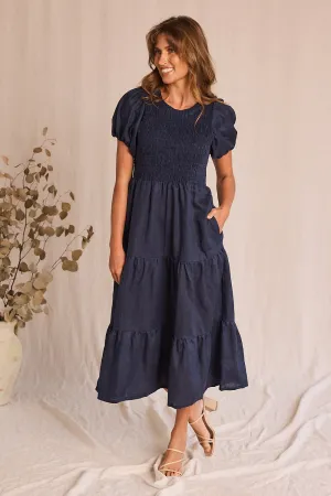 Minden Linen Shirred Short Sleeve Dress in Navy Classic and Chic Urban Aesthetic