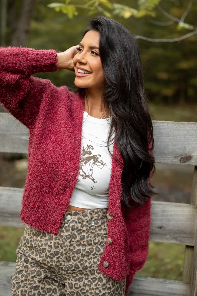 Jannie Pomegranate Puff Sleeve Cropped Cardigan Casual Vibe