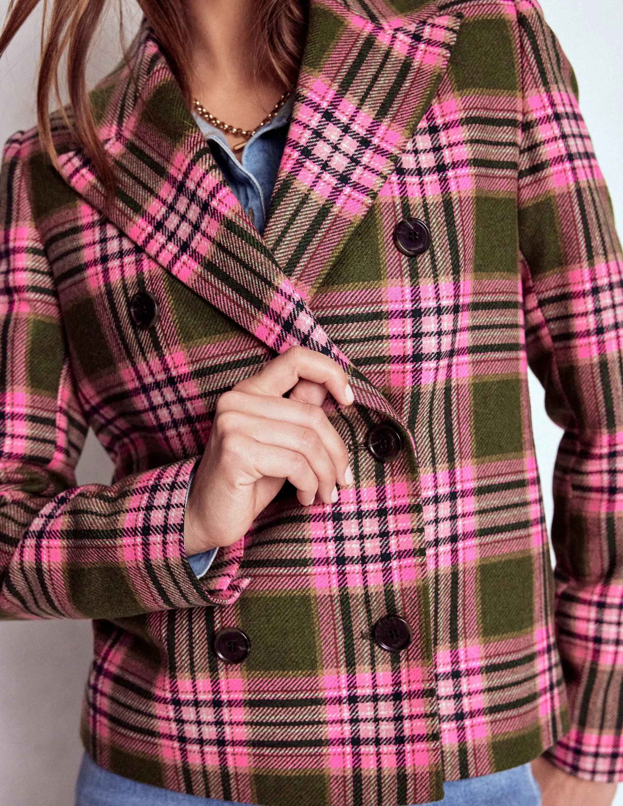 Boxy Double Breasted Blazer-Olive Green and Pink Check Secure Closure System