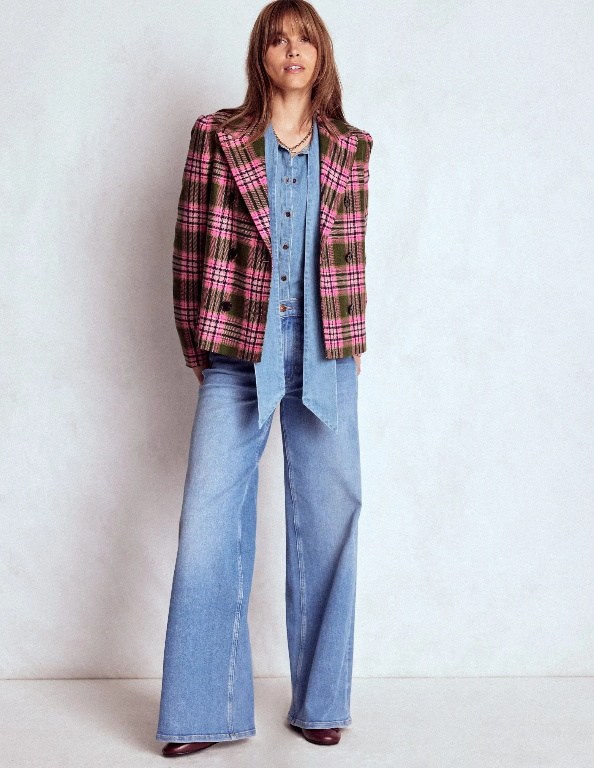 Thermal regulation All weather Boxy Double Breasted Blazer-Olive Green and Pink Check