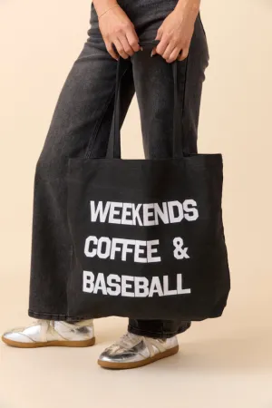 Weekends Coffee and Baseball Washed Black Graphic Tote Bag Active Ease