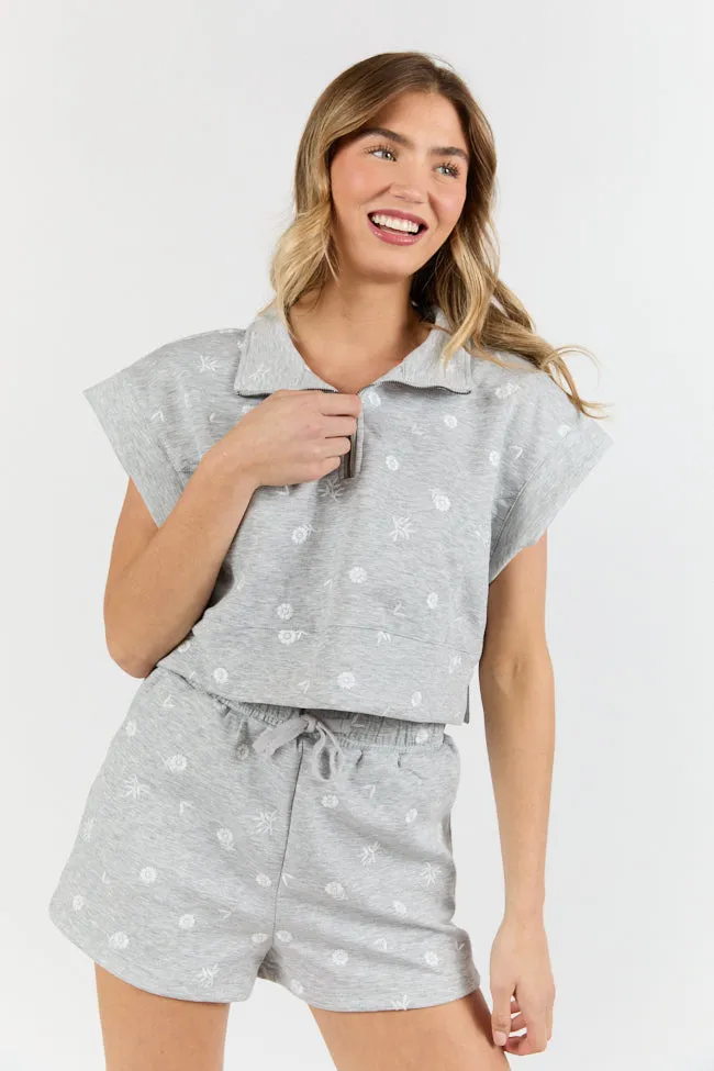 What A Catch Grey Floral Embroidered Half Zip Top SALE Cool Hooded Jacket Easy Layer