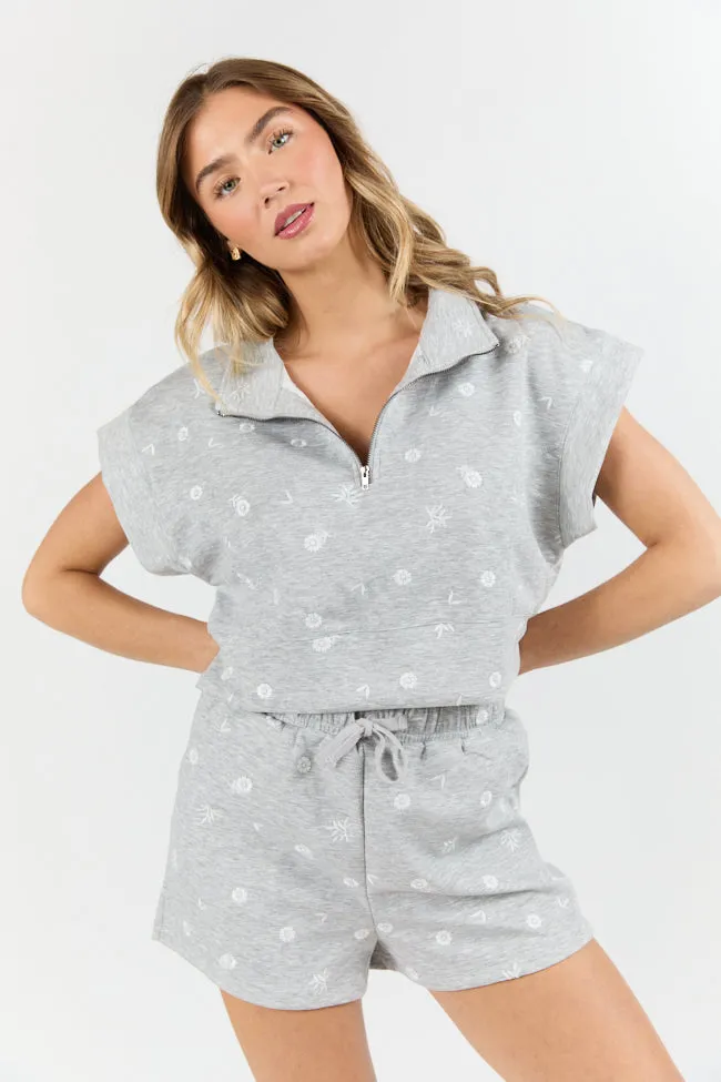 Mature Charm FrictionReducing Lining What A Catch Grey Floral Embroidered Half Zip Top SALE