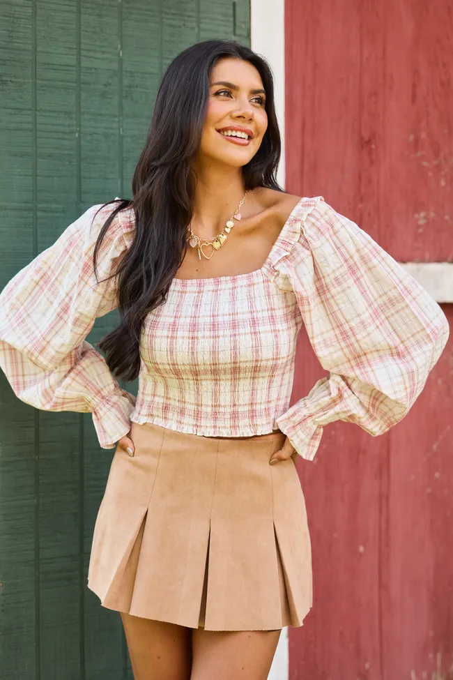 Willow Pink Plaid Smocked Balloon Sleeve Top Spark Mood HeavyDuty Zipper