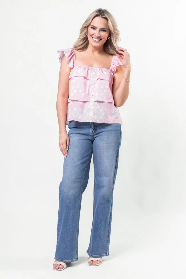 Wonderful Wildflowers Pink Print Button Front Tiered Tank SALE NonRestrictiveFit AntiPilling Fabric