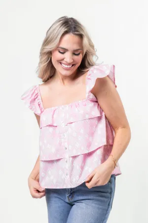 Wonderful Wildflowers Pink Print Button Front Tiered Tank SALE Professional Style